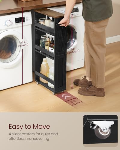 VASAGLE 4-Tier Slide-Out Storage Cart, Slim Kitchen Cart for Small Spaces, with Wheels, Handle, Bathroom, Laundry Room, 5.9 x 17 x 34.1 Inches, Ebony Black and Rustic Brown ULRC050K02 - color: Ebony Black + Rustic Brown, size: 5.9"D