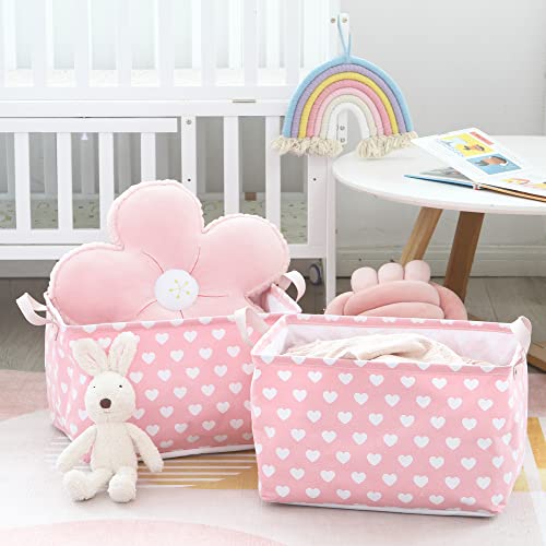 Hinwo Large Canvas Fabric Storage Basket with Handles, 33L/8.6-Gal Rectangle Bin, Collapsible Storage Box, Clothes, Toys, Blankets Organizer, 16.5 x 12 x 10 Inches (L, Pink Heart) - color: Pink Heart, size: L/16.5 x 12 x 10"/1-Pack