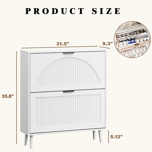 Shoe Storage Cabinet with 2 Flip Drawers, Narrow Wood Shoe Organizer Cabinet with Fluted Panel, Slim Shoe Rack for Entryway, Freestanding Shoe Cabinet for Living Room, Hallway, White - color: White, size: 2-Drawers