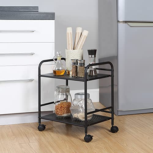 SunnyPoint 2-Tier Metal Rolling Utility Cart – Mobile Storage Shelf with Caster Wheels – Small Space Organizer for Home, Office, Bedroom, Kitchen (BLK) - color: Blk, size: 12" x 16.93" x 19.49"