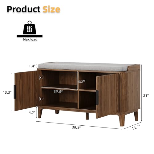39.4" Fluted Shoe Cabinet Storage with Bench, 2-Tier Entryway Bench with Adjustable Shelves and Detachable Cushioned Seat, Shoe Organizer Bench Cabinet for Entryway, Living Room, Hallway Walnut - color: Walnut