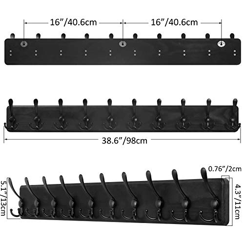 SKOLOO Coat Rack Wall Mounted - 38.3'' Long, Wooden, Heavy Duty, Rustic Coat Hooks for Wall, 16'' Hole to Hole, Wall Coat Rack with 10 Triple Hooks for Hanging Clothes, Jacket, Hat(Black) - color: Black Plate & Black Hook, size: 1 Item-10 Hooks
