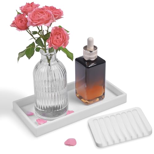 Bloss Small Bathroom Vanity Tray with Soap Dish, 8 x 4 inch Silicone Kitchen Sink Soap Tray,Bathroom Counter Trays Organizer for Candle Perfume Jewelry Key, Write - color: White, size: 7.9" x 3.9" x 0.9"