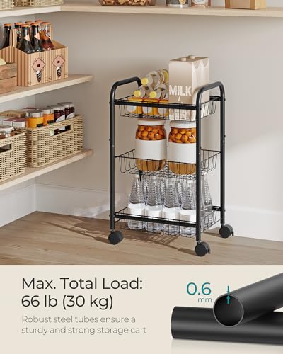 SONGMICS 3-Tier Metal Rolling Cart on Wheels with Baskets, Lockable Utility Trolley with Handles for Kitchen Bathroom Closet, Storage with Removable Shelves, Black UBSC03BK - color: Black