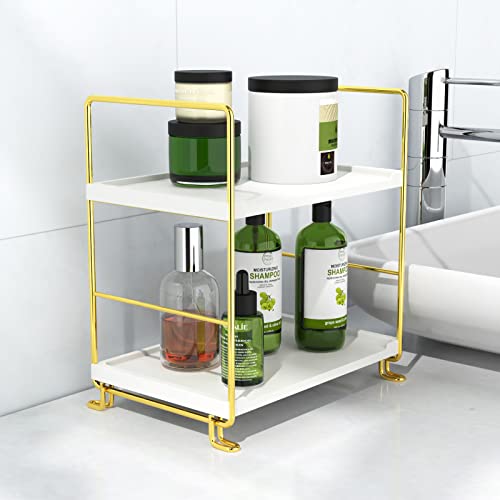 2-Tier Bathroom Countertop Organizer Perfume Organizer Makeup Shelf Bedroom Storage Tray or Kitchen Spice Rack (Gold) - color: White + Gold