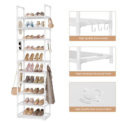 VTRIN 10 Tiers Tall Shoe Rack Holds 20-25 Pairs of Shoes Sturdy Vertical Shoe Organizer with 18pcs Hooks Stackable Narrow Shoe Rack for Closet, Entryway White - color: White, size: 17" Wide - 10 Tier