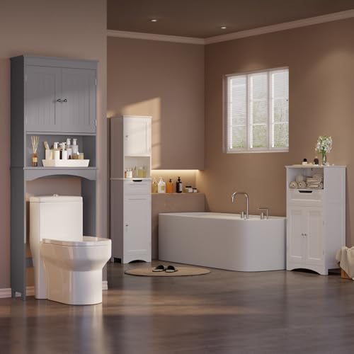 Gizoon Over The Toilet Storage Cabinet with Adjustable Shelf and Double Doors, Bathroom Space Saver Organizer Above Toilet with Open Shelf, Taller Wooden Free Standing Toilet Rack -Grey - color: Grey
