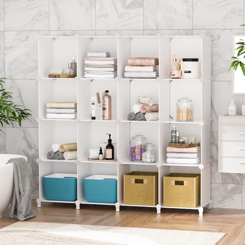 Neprock 16 Cubby Storage Organizer, Closet Clothes Storage Organizer, Cube Shelves Closet Organizers and Storage Shelves for Clothing Storage with Hammer, Bookshelf for Kids (White) - color: White