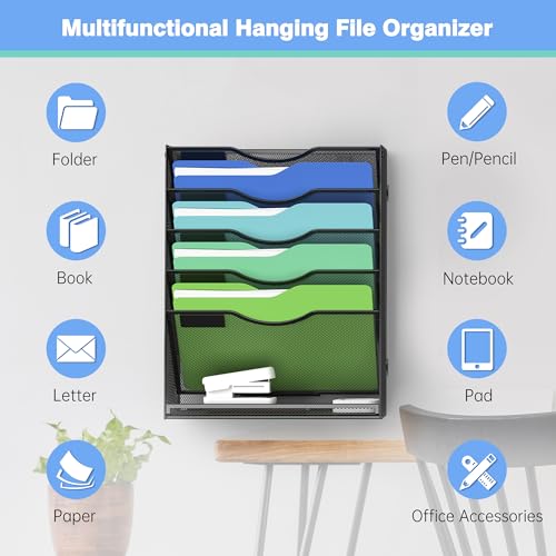 Kuntine.B Wall File Organizer Office Hanging Magazine Holder Wall File Organizer for Office Home (Black, 6 Tier & Hangers) - color: Black, size: 6 Tier & Hangers