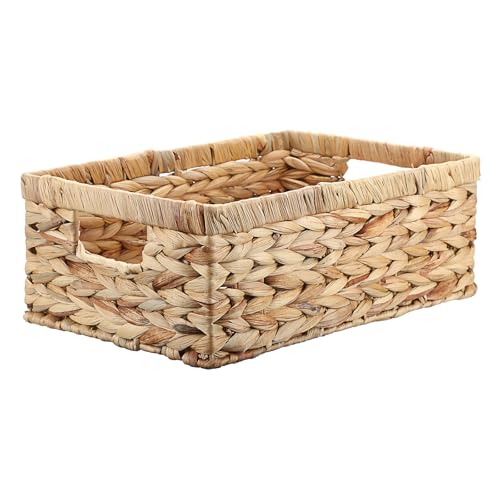 Wicker Basket for Shelf Woven Open Storage Bins with Built-in Handles Handwoven Water Hyacinth Storage Baskets Box for Living Room Bathroom Kitchen,13.8"L x 9.3"W x 5"H - size: 13.8"L x 9.3"W x 5"H