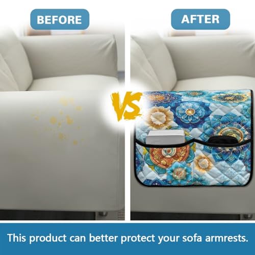 Boho Mandala Flower Print Sofa Armrest Organizer Scratch Proof Armrest Protectors with 2 Pockets for Sofa, Comfortable Armchair Slipcover for Couch Furniture Protector - color: Boho Mandala Flower