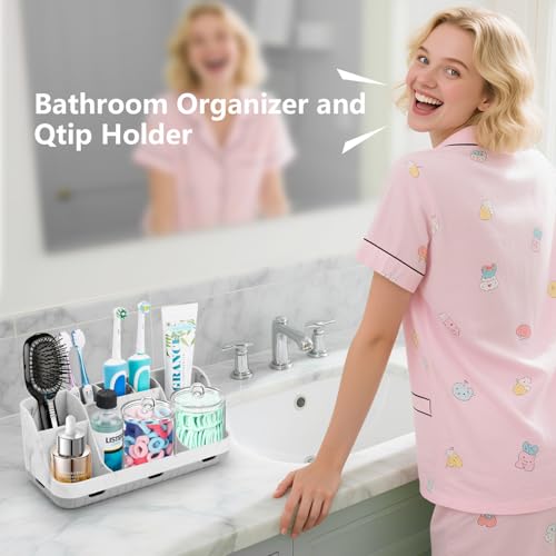 GFWARE Bathroom Toothbrush Holder Set with 2 Pack Qtip Holder Dispenser - Detachable 7 Slots Bathroom Accessory Set, Kids Marble Bathroom Sink Counter Set, Bathroom Essentials Decor, Grey - color: Marble Sets