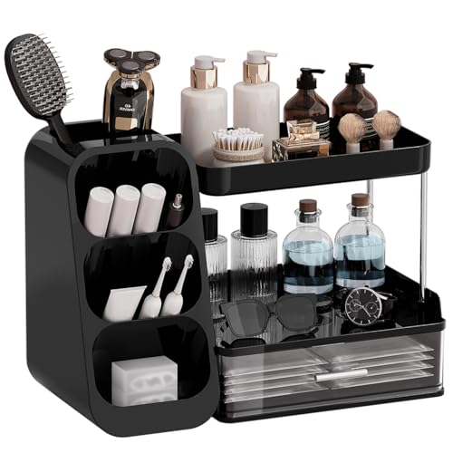 Makeup Organizer for Vanity with Brush Holder, 2 Tiers Countertop Skincare, Cologne Organizer and Perfume Stand for Men Bathroom Vanity, Large Capacity Makeup Storage, Black - color: Black+Clear, size: Large