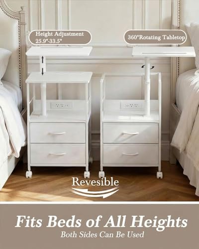 Faesun Swivel Lift Top Nightstand with Charging Station, Rolling Side Table for Recliner, Bedside Table with Wheels & 2 Fabric Drawers, for Small Spaces, for Bedroom, Living Room, White - color: White, size: 2 Drawers