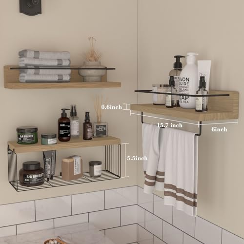 PopiShelves Bathroom Shelves Over Toilet for Wall, Floating Shelves with Storage Basket Paper Holer for Kitchen Living Room, Bedroom & Classroom, Set of 3 (Nature Wood) - color: Nature Wood, size: 15.7"