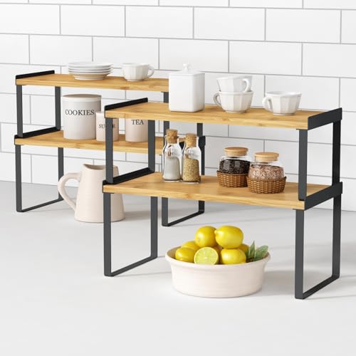 Goozii Kitchen Cabinet Organizer Shelf Set of 4, Stackable Pantry Cupboard Countertop Storage and Organizer, Desk Shelf Riser, Spice Plate Cup Expandable Storage Rack,(Black Bamboo) Large - color: Black-bamboo, size: Large
