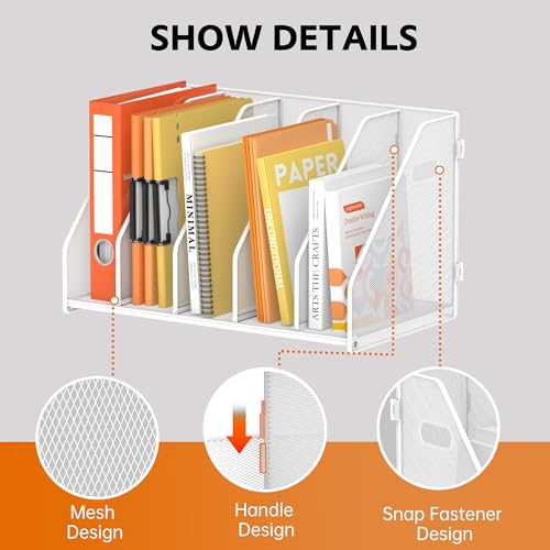 SUPEASY Binder Organizer, Magazine File Holder with 5 Vertical Compartments Rack, Metal Desk File Organizer & Binder Holders, Magazine Organizers for Office Desktop, Home, School,Classroom (White) - color: White, size: 5Rack