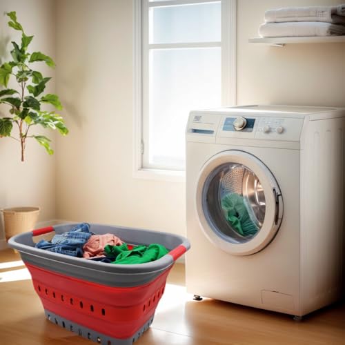 SAMMART 37L (9.77 gallon) Collapsible Plastic Laundry Basket - Foldable Pop Up Storage Container/Organizer - Space Saving Hamper/Basket (1, Grey/Red) - color: Grey/Red