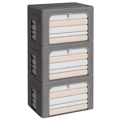 CYhom 3Pack Foldable Storage Bins - Frame Storage Box Linen Fabric Stackable Clothes Container Organizer with Clear Window & Carry Handles Large Capacity (Medium-36L, Dark Gray) - color: Dark Gray, size: Medium-36L
