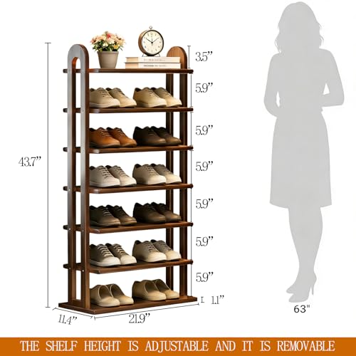 Vertical Shoe Rack - 7 Tier Tall Narrow Shoe Rack Organizer for Small Spaces, Skinny Shoe Shelf Space Saving Shoe Storage, Solid Wood Shoe Shelf for Entryway, Closet, Corner, Doorway, Walnut