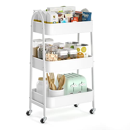 EAGMAK 3 Tier Utility Rolling Cart, Metal Storage Cart with Handle and Lockable Wheels, Multifunctional Storage Organizer Trolley with Mesh Baskets for Kitchen, Living Room, Office, Garage (White) - color: White, size: Normal