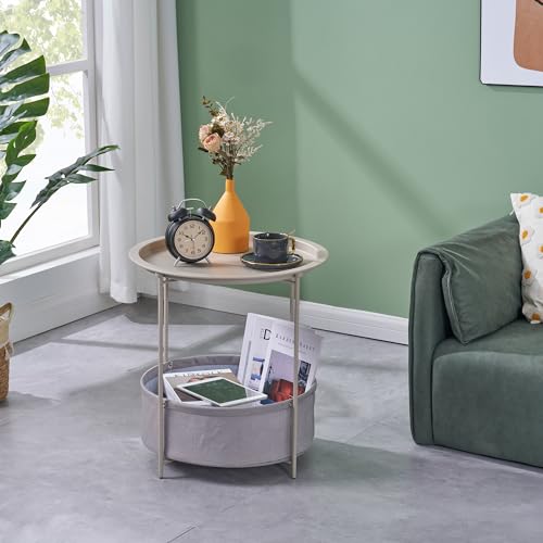 VECELO Round Side/End Table with Fabric Storage Basket，Metal Anti-Rust and Waterproof Small Bedside Nightstand with Removable Tray Top for Living Room，Balcony & Laundry，Grey /1pcs with Basket - color: Grey, size: 1 PCS with Basket