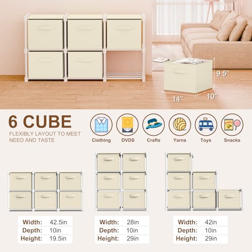 Thyle Large Cube Storage Organizer Shelf with 6 Bins 14 Inch Fabric Collapsible Cubby Storage Drawers Shelving Unit for Christmas Ornaments Clothes Toys Craft(Beige,Minimalist) - color: Beige, style: Minimalist