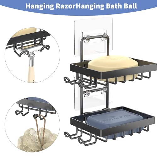 Moforoco Double Soap Bar Holder for Shower, No Drilling, 304 Stainless Steel, Wall Mounted Soap Holder with 4 Hooks and Razor Holder, Shower Rack Soap Tray Bar Soap for Bathroom Accessories Organizer - color: Black, size: 2-T