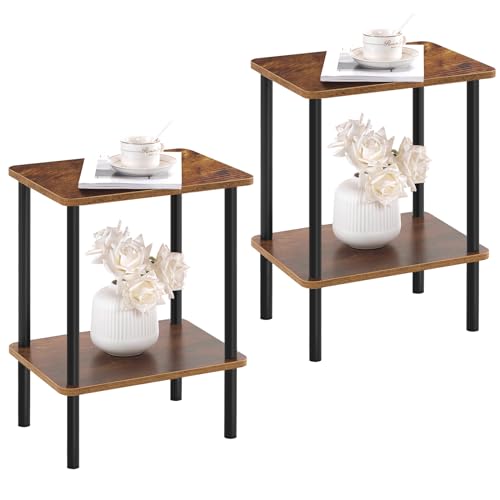 Apicizon 2 Tier End Table Set of 2, Small Side Table with Solid Wood Legs, Boho Bedside Table with Storage Shelf, Nightstand for Small Spaces, Bedroom, Living Room, Entryway, Easy Assembly, Brown - color: Brown, size: 2 Set, style: 2 Tier