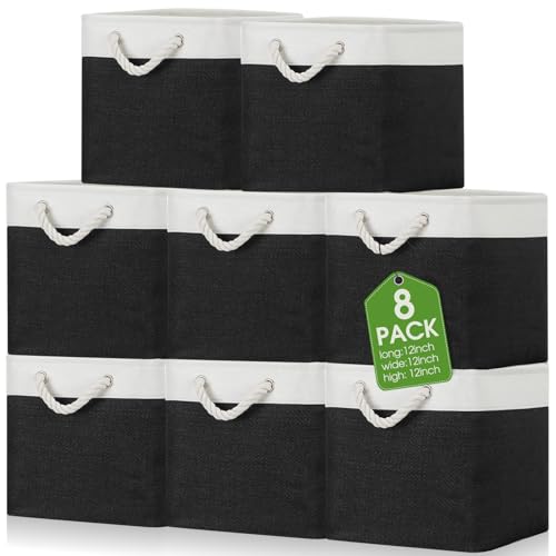 meekoo 8 Pack Collapsible Storage Bins Fabric Storage Bins Polyester Fabric Baskets with Handles Linen Closet Organizer for Shelf Home Closet Towels Toys(12 x 12 x 12 in,Black White) - color: Black White, size: 12 x 12 x 12 In