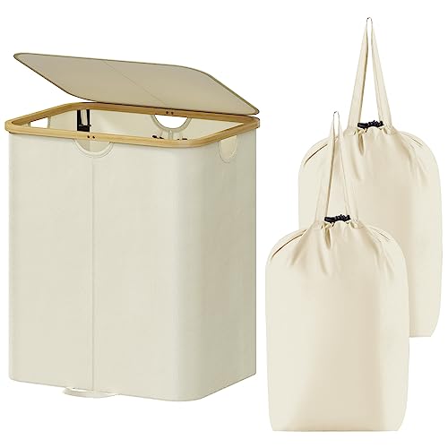 Lifewit 120L Double Laundry Hamper with Lid, Large Laundry Basket with Removable Bag & Bamboo Handles, Fodable Tall Dirty Clothes Hamper for Laundry Collapsible Bin for Bathroom Bedroom Dorm, Beige - color: Beige, size: 120L