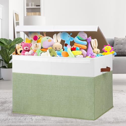 Gowee Large Toy Storage Box with Lid, Sturdy Toys Storage Chest Bin Organizer Basket with Dividers for Kids, Boys, Girls, Nursery, Closet, Bedroom, Playroom 26"x17" x17" (Green and White) - color: Green and White, size: 26"x17" x17"