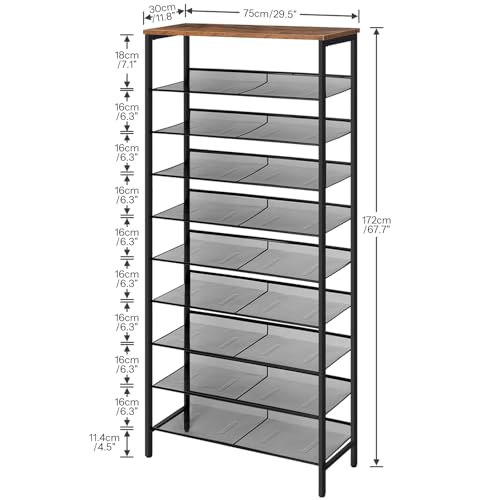 HOOBRO Shoe Rack for Entryway, 10-Tier Shoe Shelf, Large Capacity Shoe Storage Organizer for 27-30 Pairs of Shoes, Front Door Entrance, Hallway, Closet, Space Saver, Rustic Brown and Black BF110XJ01 - size: 10 Tiers (29.5"W)