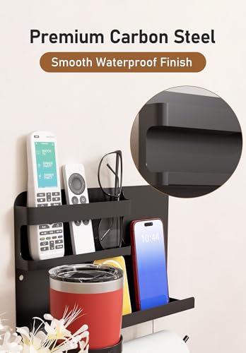 Bedside Wall Organizer Metal Shelf with Cup & Tissue Holder – Waterproof Wall Storage Rack for Dorm Room, Bathroom, Kitchen, and Office (Black) - color: Black