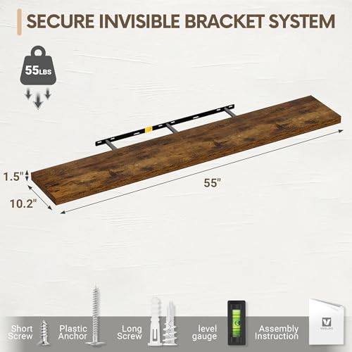 Vivelove 10 Inch Deep Floating Shelves 55 inch Long, 55 x 10 Wide Wall Shelves with Invisible Brackets, for Bedroom Bathroom Living Room Kitchen Office, Farmhouse Home Decor, Set of 2, Rustic Brown - color: Rustic Brown, size: 55”Wx10.2”Dx1.5”H
