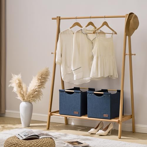 KAKAMAY Collapsible Cube Storage Bins 15x13x13 Inches Dark Blue 2-Pack, Foldable Storage Organizer Wooden Handles Fabric Baskets for Living Room Shelves, Bedroom Nursery Closet Toys, Clothes, Laundry - color: Dark blue