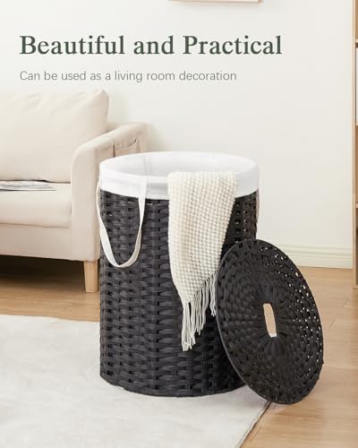 SETVSON Laundry Basket with Lid Round Rattan Laundry Hamper with Lid and Handles 29.1 Gal (110 L) Handwoven Woven Basket with Removable Bags and 2 Mesh Bags for Bathroom Living Room Black - color: Black, size: 110L