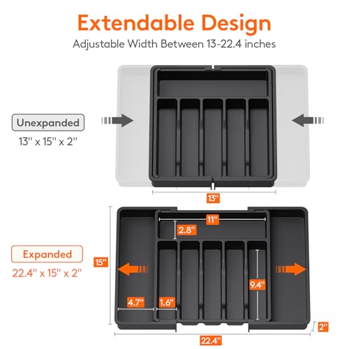 Lifewit Silverware Drawer Organizer, Expandable Utensil Tray for Kitchen, BPA Free Flatware and Cutlery Holder, Adjustable Plastic Storage for Spoons Forks Knives, 13-22 x 15", Black - color: Black, size: XL (13-22''W x 15''D)