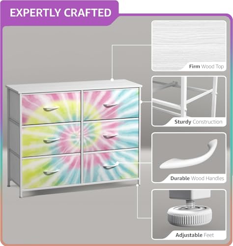 Sorbus Dresser with 6 Drawers - Furniture Storage Tower Unit for Bedroom, Hallway, Closet, Office Organization - Steel Frame, Wood Top, Easy Pull Fabric Bins (6-Drawer, Tie-Dye) - color: Light Tie-dye, style: 6-Drawer