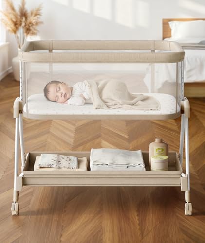 Fodoss Baby Bassinets Bedside Sleeper - Bed Side Bassinet Newborn with Wheels, Storage Tray, 4-Sided Mesh, 7 Height Adjustable, Beige - color: Beige Tweed