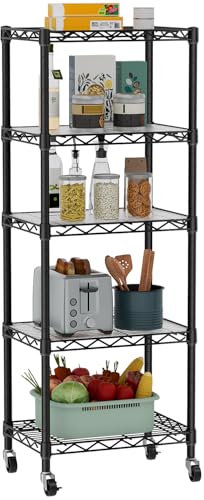 Golpart Small 5 Tier Shelves Storage Wire Shelving Unit Metal Shelf Adjustable Organizers Storage Shelving with Wheels for Bathroom Laundry Room Kitchen Pantry12”D x 18”W x 57.2”H Black - color: Black, size: 5 shelves (12 "D X 18 "W X 57.2 "H)
