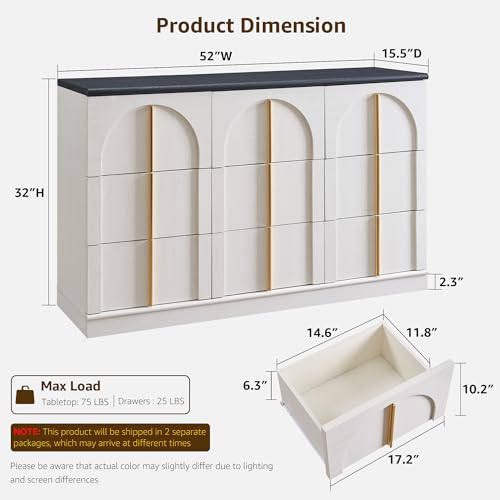 ACCOHOHO Arched Dresser for Bedroom with 9 Drawers, 52" Wide Modern Chest of Drawers with Rounded Edge & Metal Handles, Wood Storage Closet Dressers TV Stand for Living Room, Hallway, White - color: White, size: 15.6"D x 52"W x 32"H (9 Drawers)