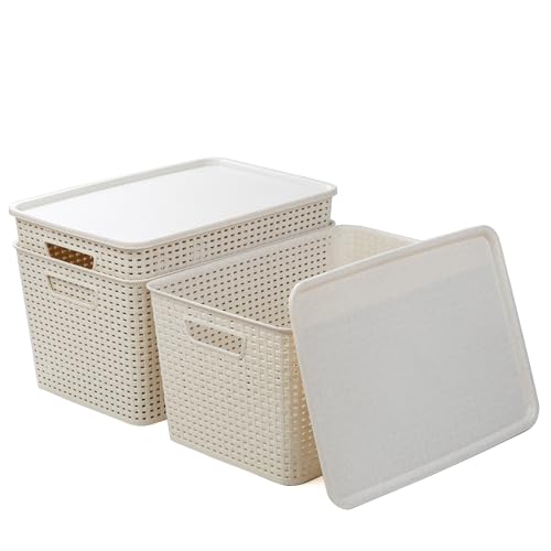 BINO | Plastic Storage Baskets with Lids, 22 Liter - 3 Pack, Natural | THE WOVEN COLLECTION | Storage Basket for Shelves | Woven Storage Baskets for Organizing Bins | Pantry Shelf Organizer Bin - color: Natural, size: 22L | 3-Pack