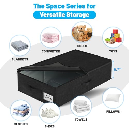 Under Bed Storage Container Bins 2 Pack, Low Profile Foldable Underbed Clothes Storage Organizer W/ Ultra Thick Fabric and Sturdy Bottom/Sides, Dual Zipper Storage Box for Dorm and Home 30x16x6.7" - color: Black-2 Pack, size: 6.7in-Space