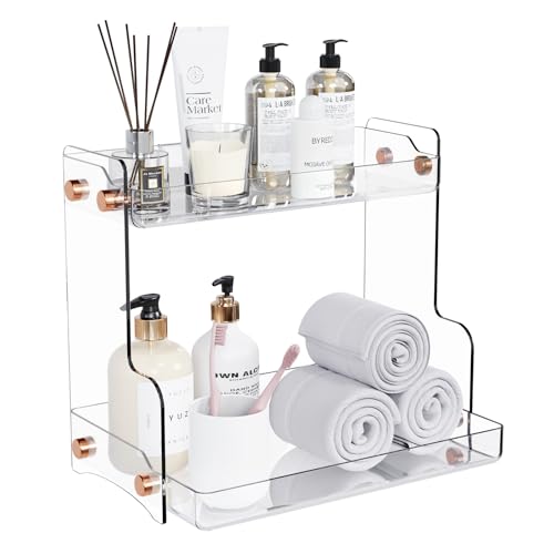 Bathroom Countertop Organizer, 2 Tier Clear Plastic Vanity Organizer with Adhesive Support, Space Saving Storage Shelf for Skincare, Perfume, Makeup and Daily Essentials - color: Clear