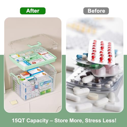 ANYPROLUS 15QT Clear Medicine Organizer Box with Handle, Plastic Medicine Container with Tray First Aid Box Empty, Thickened Medicine Storage Organizer Multipurpose Medication Organizer Storage - color: Green