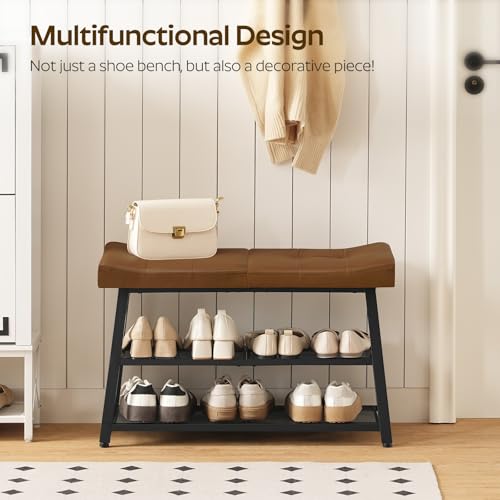 YATINEY Shoe Bench, 3-Tier Shoe Rack, Entryway Bench with Storage and Cushion, for Hallway, Foyer, Bedroom, Brown and Black HX02BV - color: Brown + Black