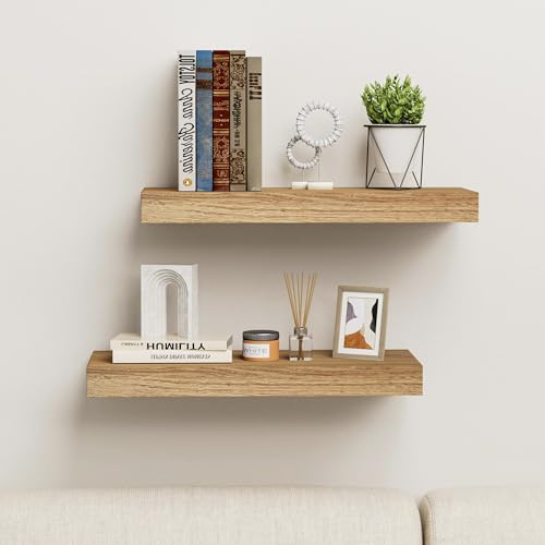 INHABIT UNION Oak Floating Shelves Wood for Wall 15.7in Wall Mounted Display Ledge Shelves Perfect for Bedroom, Bathroom, Living Room and Kitchen Decoration Storage (Set of 2) - color: Oak, size: 15.7 Inch
