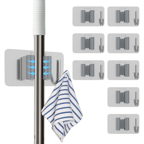8 Pack Stainless Steel Mop Clips – Heavy Duty Wall Mounted Broom Holders, Rustproof & Tool-Free Install with Back Adhesive or Glue for Home and Garage - color: SILVER-8PCS