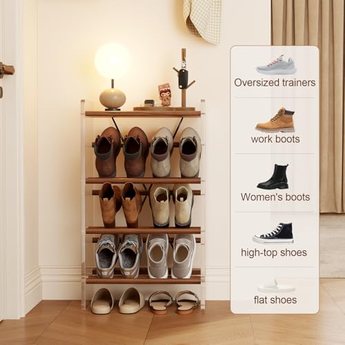 Shoe Rack, 4-Tier Slanted Shoe Storage Shelf, Narrow Shoe Rack for Entryway, Solid Wood and Acrylic Shoe Stand, Slim Shoe Shelf with Wooden Top ，Suitable for Bedrooms and Living Rooms - size: 48